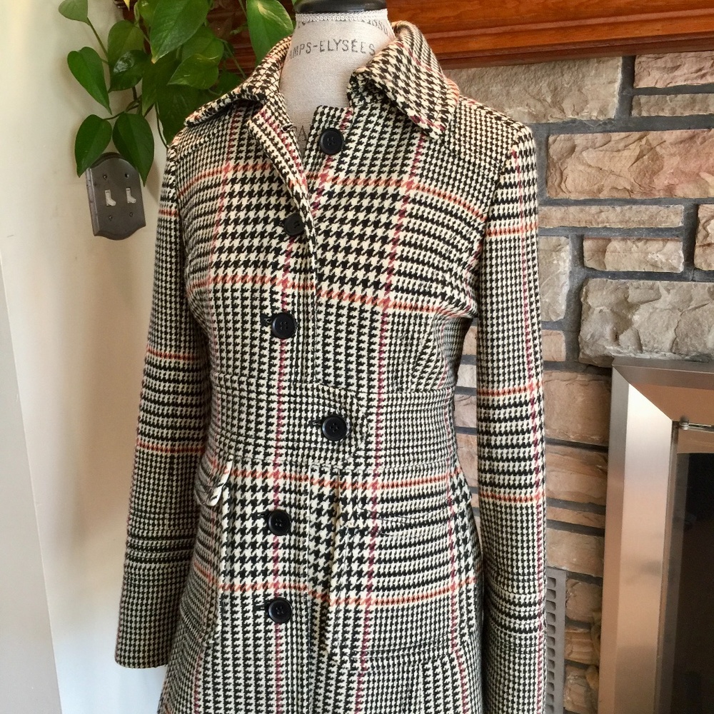 J. Crew Wool Coat -Jacket Black and White Herringbone Pattern